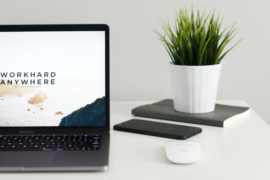 A laptop, photo, diary, mouse, plant kept at the table.