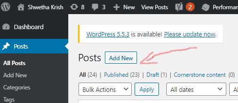 Screenshot of the Add New Posts in WordPress Dashboard -ShwethaKrish